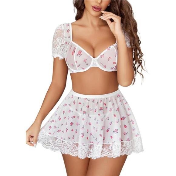 Women Sexy Mesh Top Lingerie Skirts 3 Piece Floral White - Picture 1 of 6
